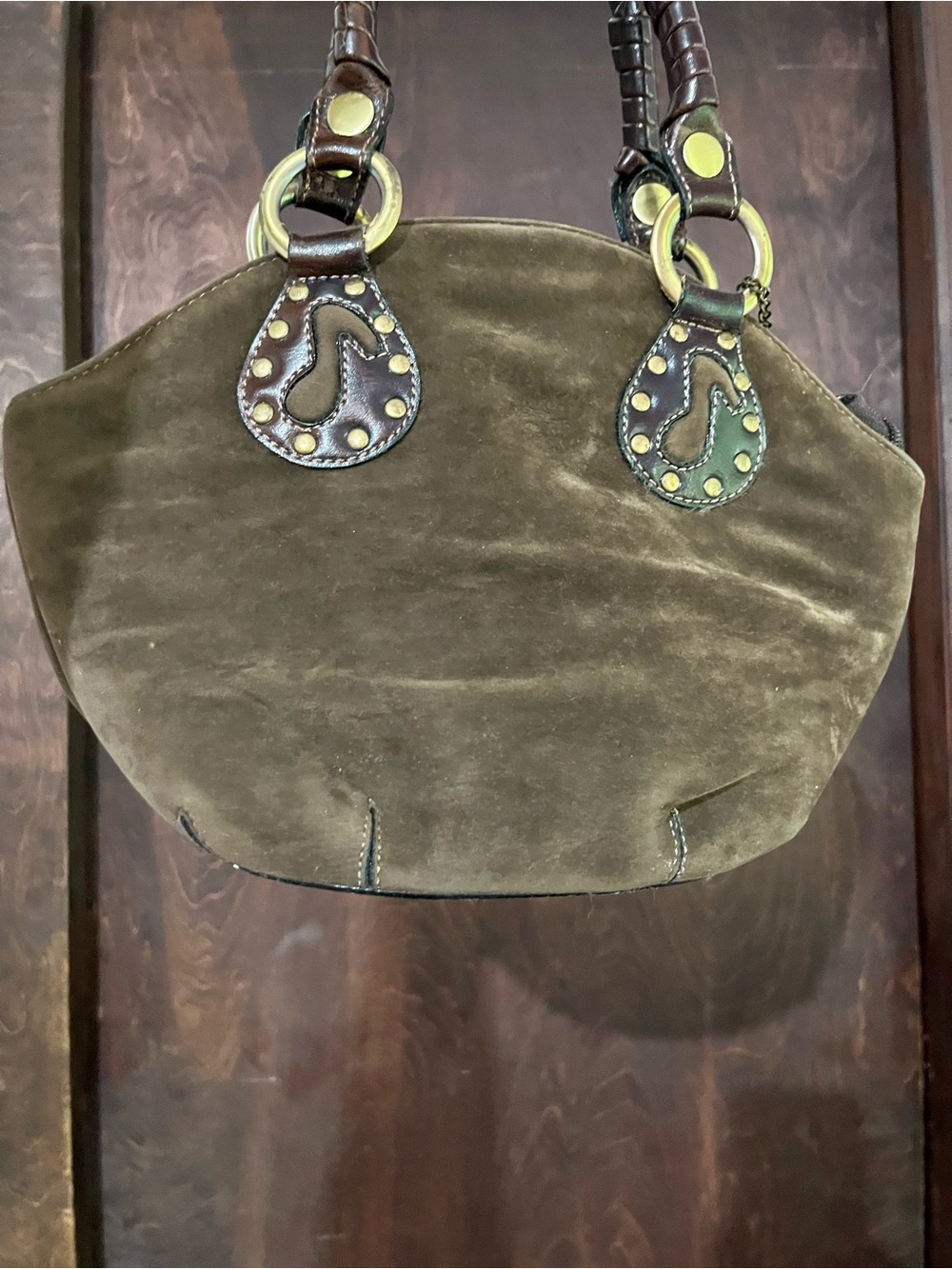 Rina Rich Brown Y2K Boho Studded Brass Hardware Handbag